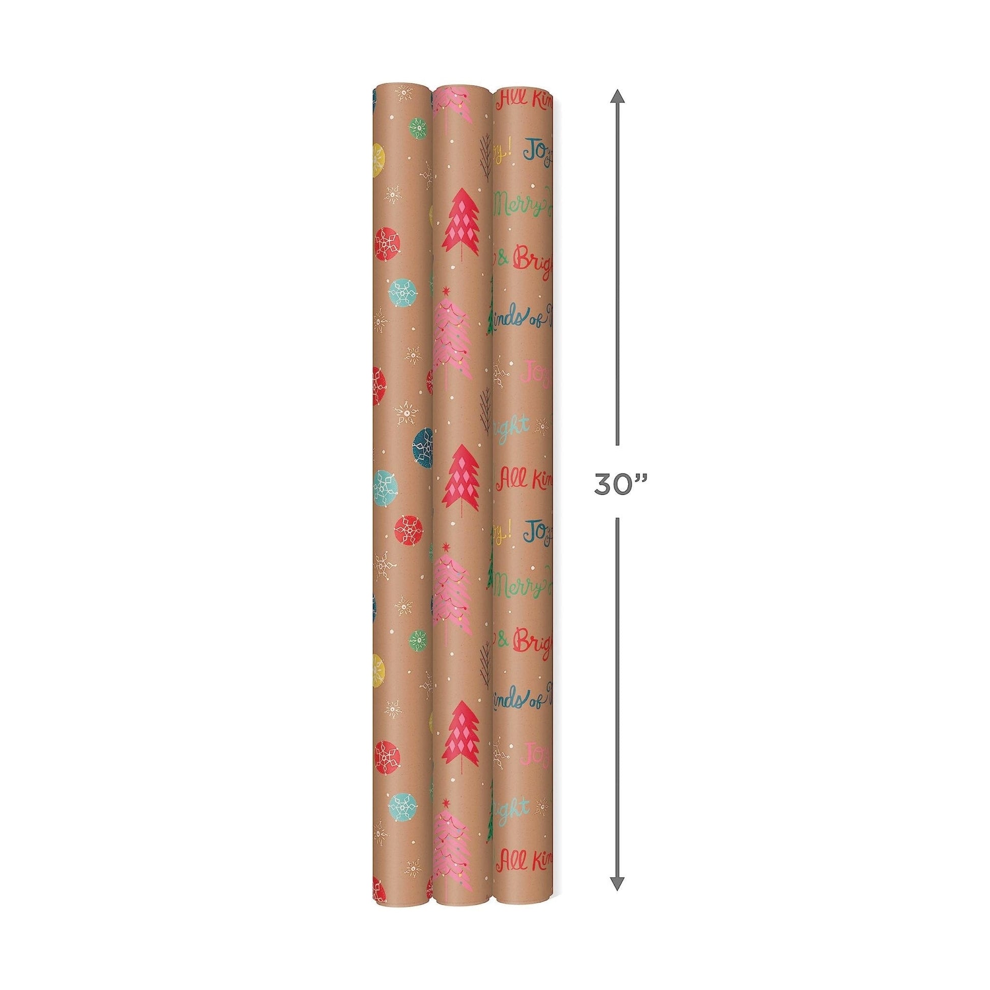 Hallmark: Christmas Wrapping Paper - Recyclable Kraft Paper, 30" Wide by 12' Long (Pack of 3) - The Tribalist