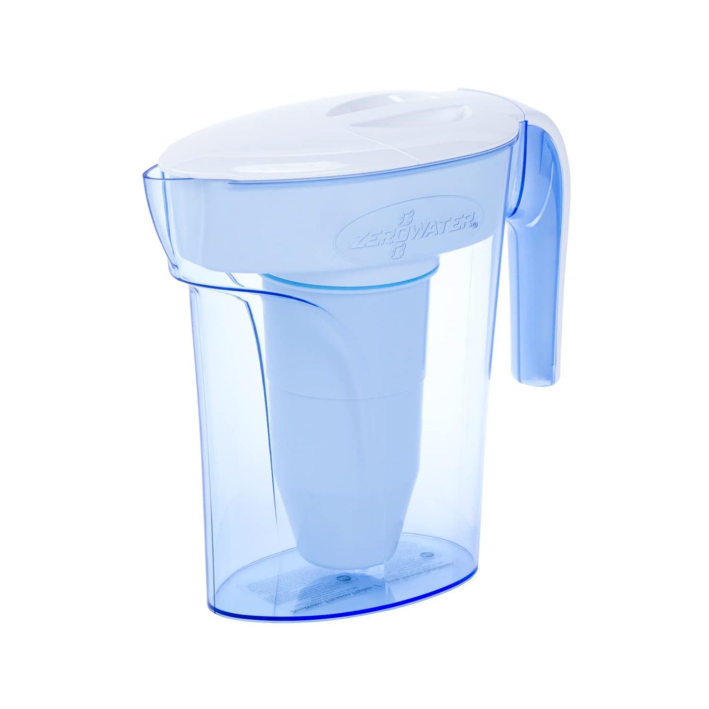 Blue water filter pitcher on a white background. Best PFAS water filter for microplastics removal in USA homes 2026.